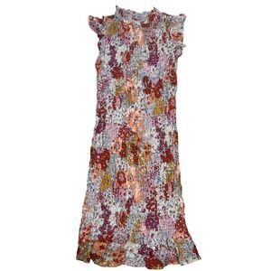 Willow Root Floral Smocked Midi Dress Womens Small Ruffle Sleeve and Neck Boho
